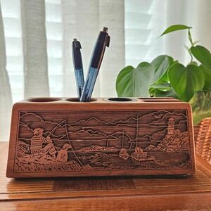 Vintage Lasercraft Wood Desk Organizer Fishing Scene Pen Holder 1988 USA
